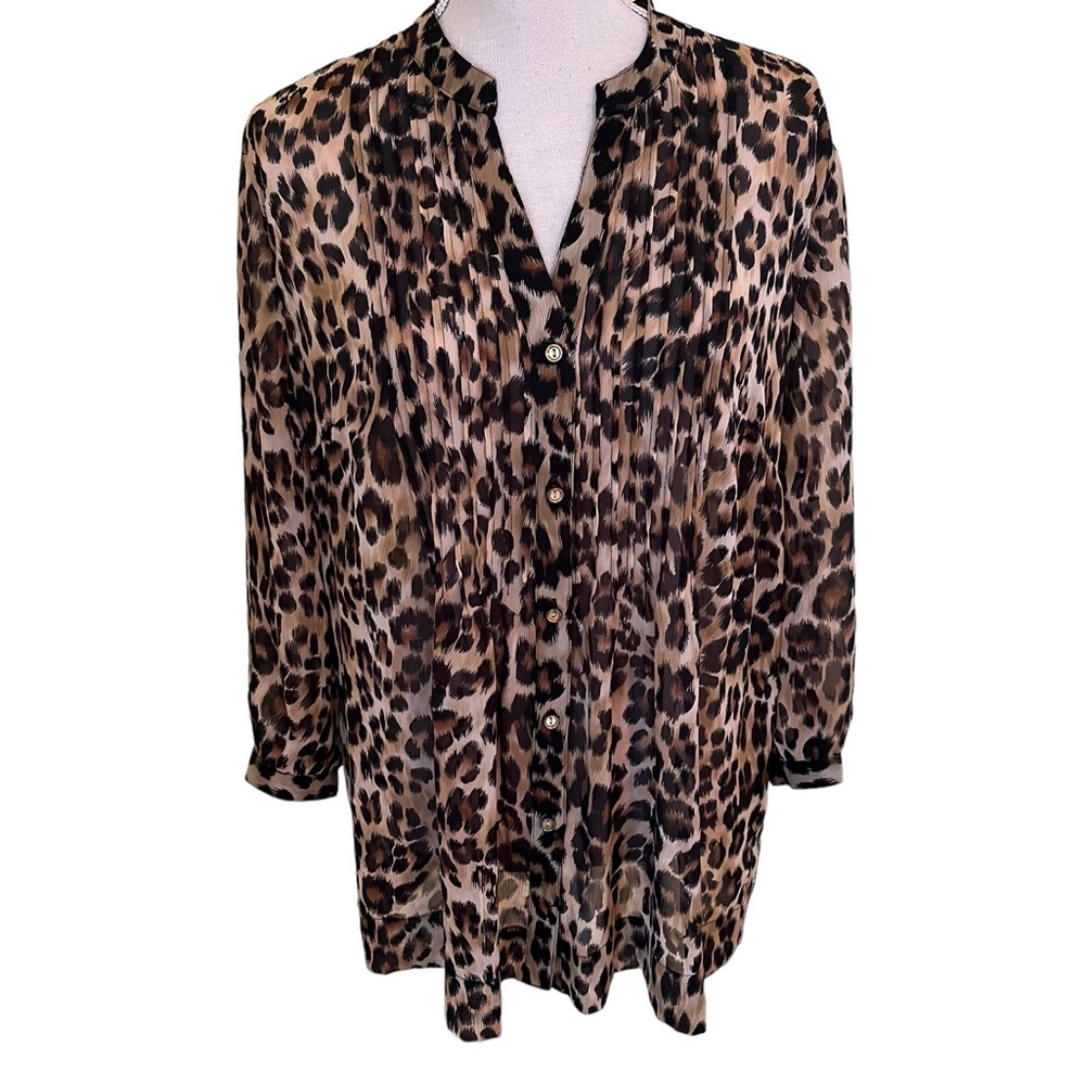Charter Club Leopard Print Pleated Front Chiffon Blouse XL